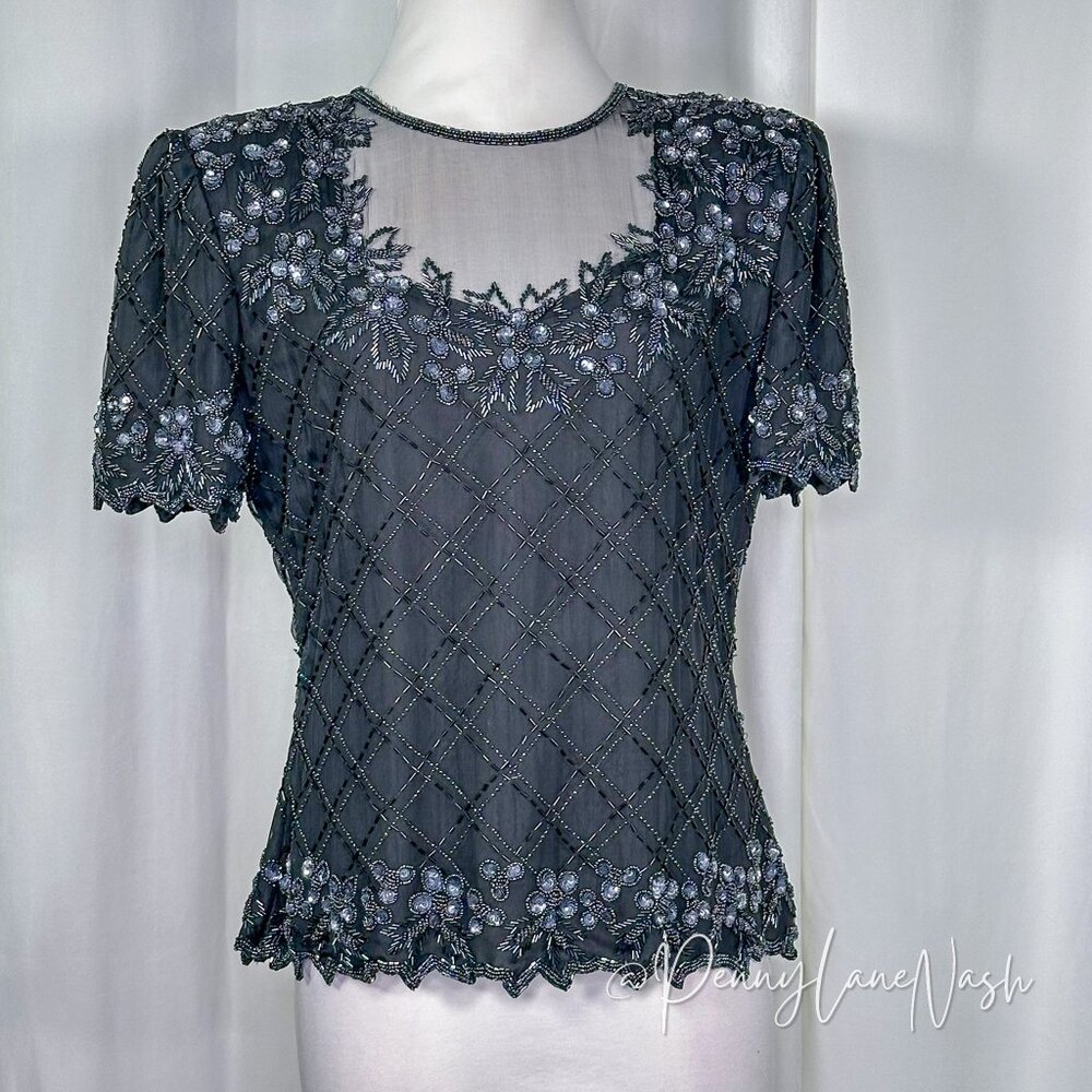 Stenay Vintage 80'S Floral Sequin Beaded Mesh Trim Blouse Black - Picture 3 of 14